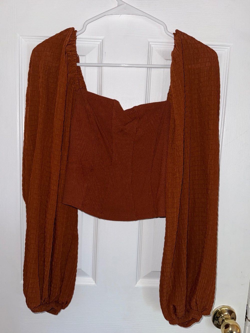 Urban Outfitters rusty brown cropped blouse with long sleeves and ruched detaili
